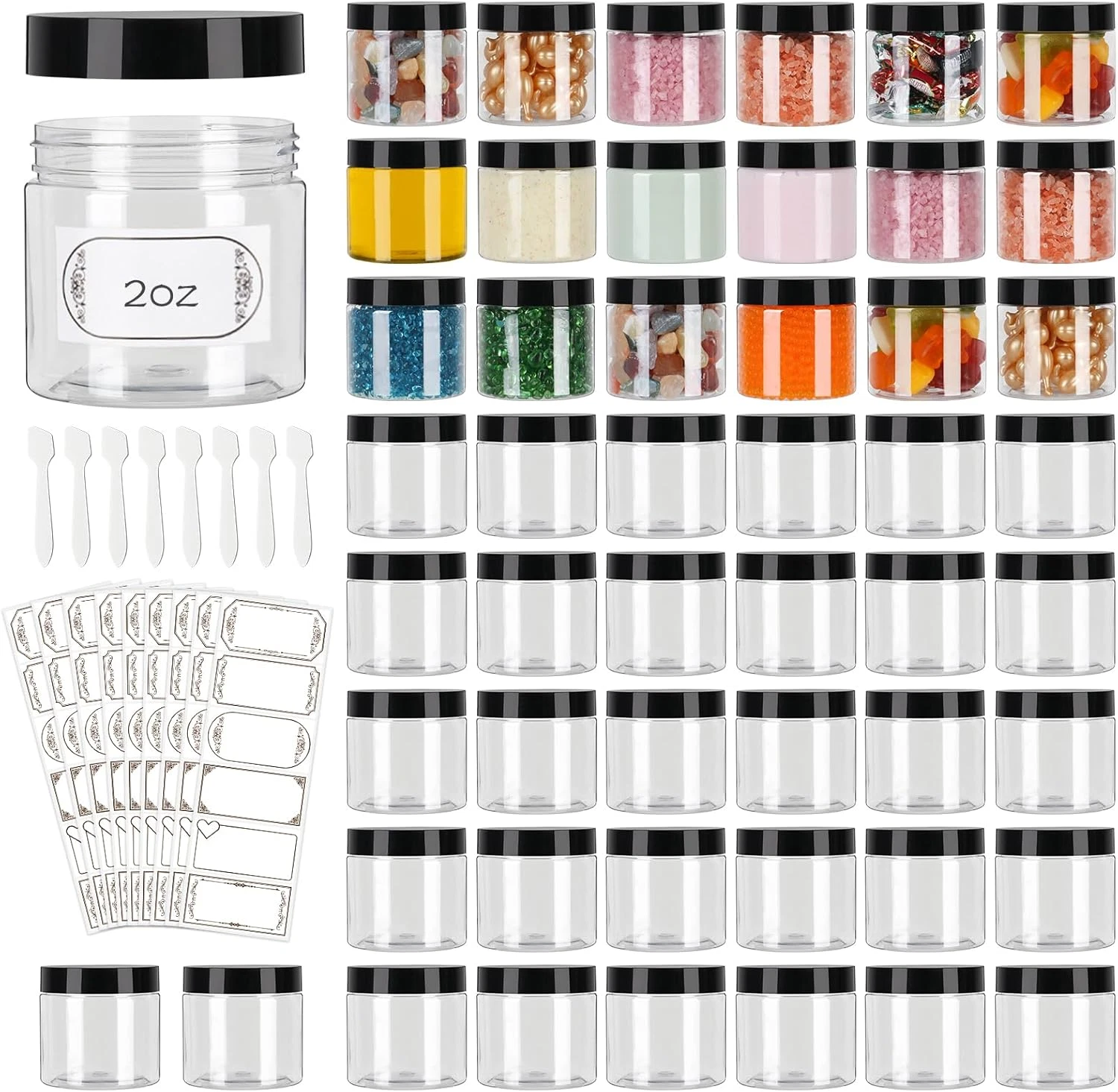 50 Pack Plastic Jars with Lids, 2 Oz Plastic Containers with Lids, 2Oz Jars with