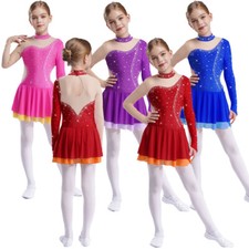 Kids Girls Dresses Leotard Dress Ice Skating Dancewear Stage Rhinestones Shows