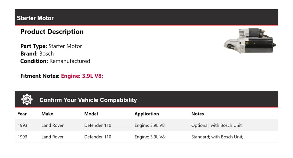 Land Rover Defender 110 1993 3,9 L V8 arranque Bosch (remanufacturado) Foto 2 de 4