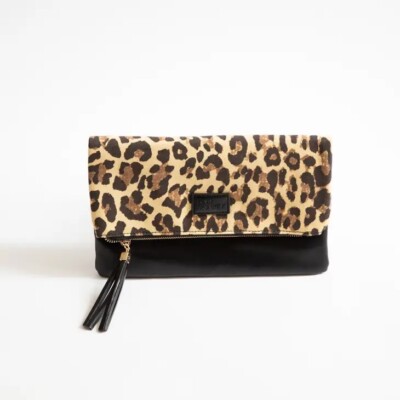 Funky Monkey Leopard & Black with Burgundy Lining Fold Over Clutch Purse NEW NWT