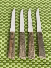 Hanford Forge Stainless 4 Steak Knives Glossy Wood Handle Japan MCM Flatware