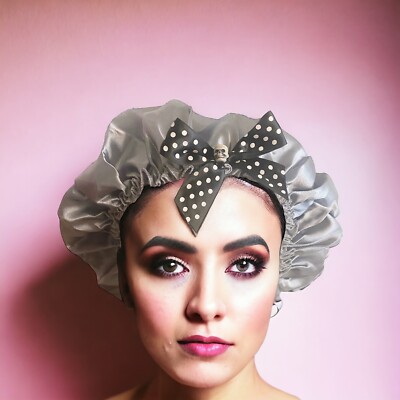 Gothic Womens Satin Night Sleep Cap Hair Care Bonnet Hat #10 New Grey Bow Skull