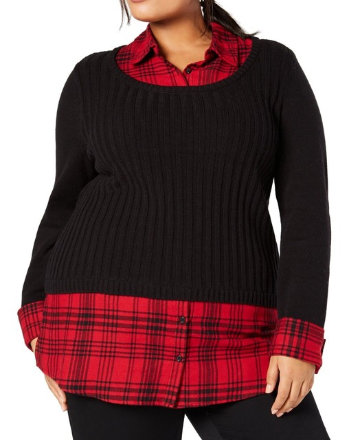 Style & Co. Womens Collared Sweater Red Black Size 1x Plus Plaid 2fer 130 for sale online | eBay