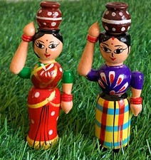 Handcrafted channapatna Wooden Pot Carrying Ladies Dolls / Toys For Home Decor