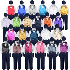 5pc Boy Baby Toddler Kid Color Bowtie Vest Formal Suit NAVY Pants  Hat S-7