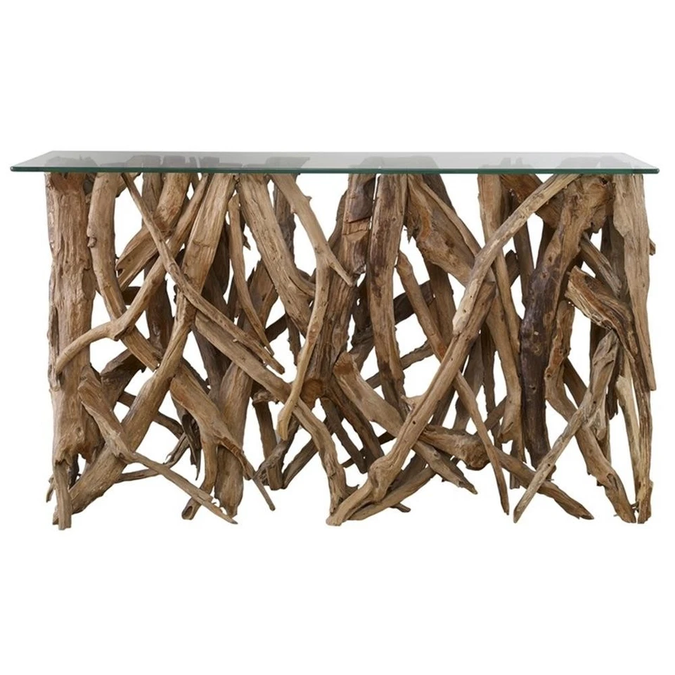 Mesa consola costera de madera y vidrio de teca Uttermost en tono madera Foto 2 de 4
