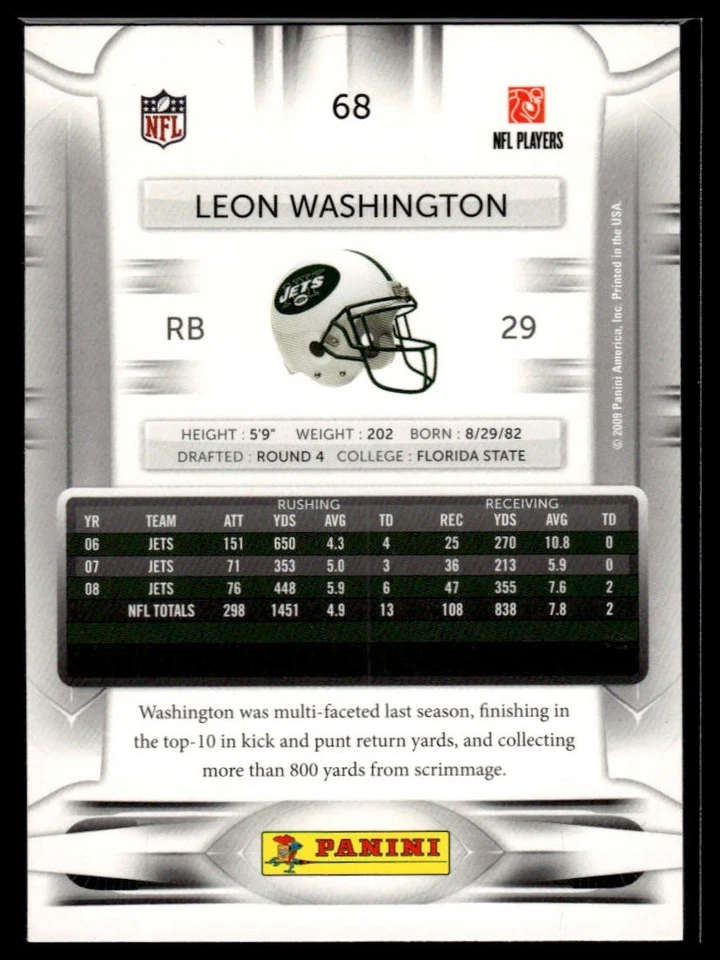 2009 Playoff Prestige #68 Leon Washington - Image 2 of 2