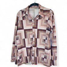 Vintage 70s Geometric Disco Shirt Long Sleeve Op Art Retro Mod Pattern Unisex