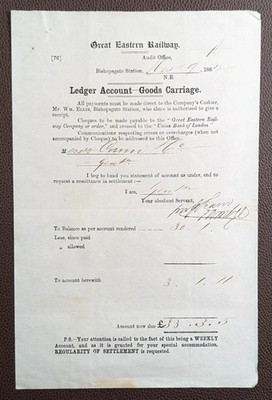 1862 Great Eastern Railway Goods Carriage Ledger - Bishopsgate to Cann & Co.