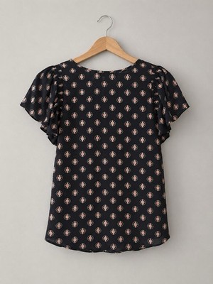LOFT Blouse Women Small Black Pink Geometric Print Flutter Sleeve Sheer