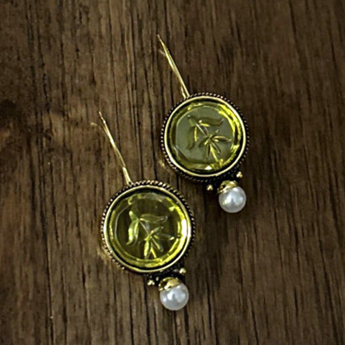 Yellow Gold Green Round Glass Coin Bezel Drop Earrings Pearl Dangle