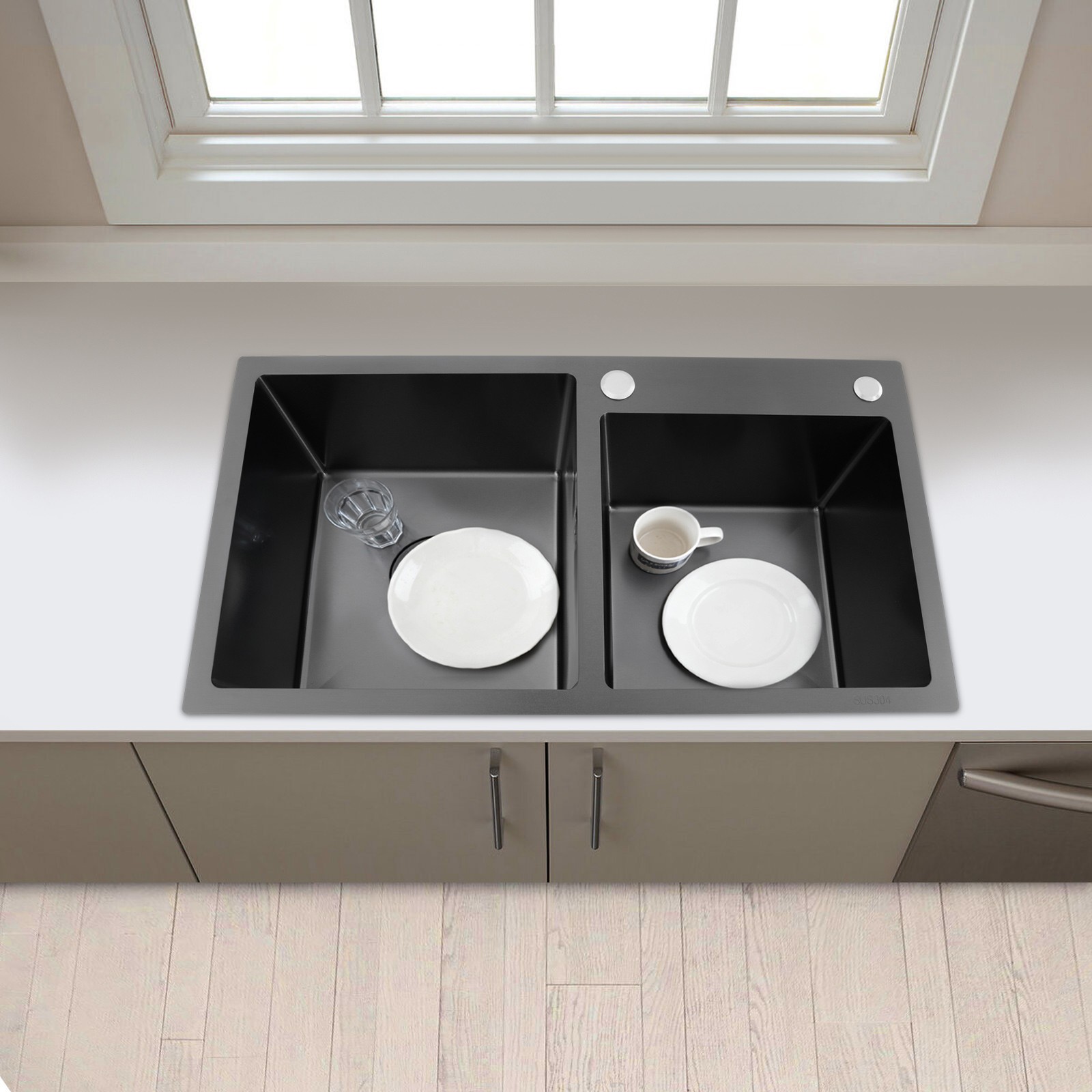 Double-Bowl Kitchen Sink, Multifunctional Overmount Stainless Steel Sink, Black