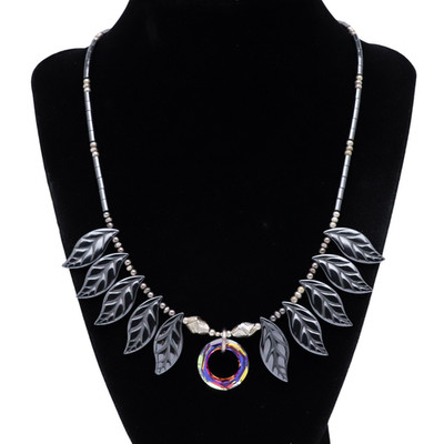 Sterling Silver Australian Crystal & Hematite Leaf Vintage Toggle Necklace | 19 