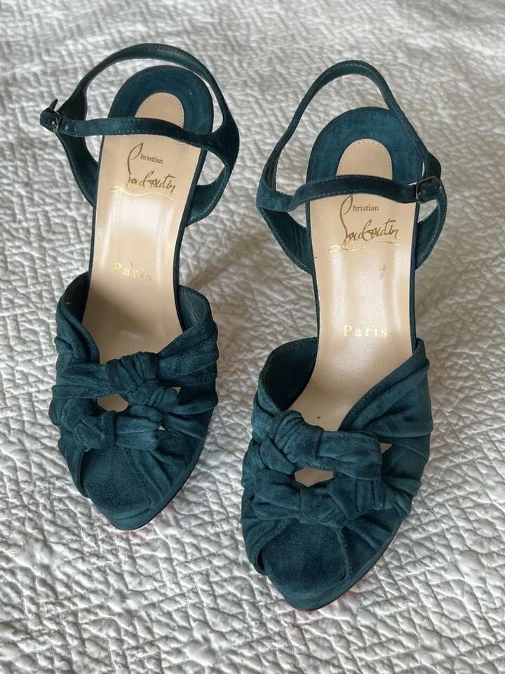 复古 Christian Louboutin 蓝绿色麂皮绒厚底高跟鞋 37 码 1/2 7.5 节 — 第 4/4 张图片