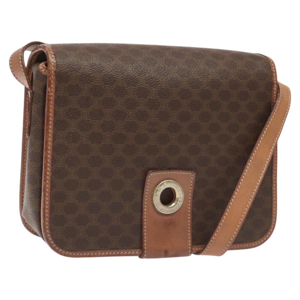 CELINE Macadam Canvas Shoulder Bag PVC Leather Brown Gold Auth KD054