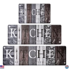 Set of 3 Non-Slip PVC Kitchen Mats - Rustic Design, Washable Anti-Fatigue Rugs