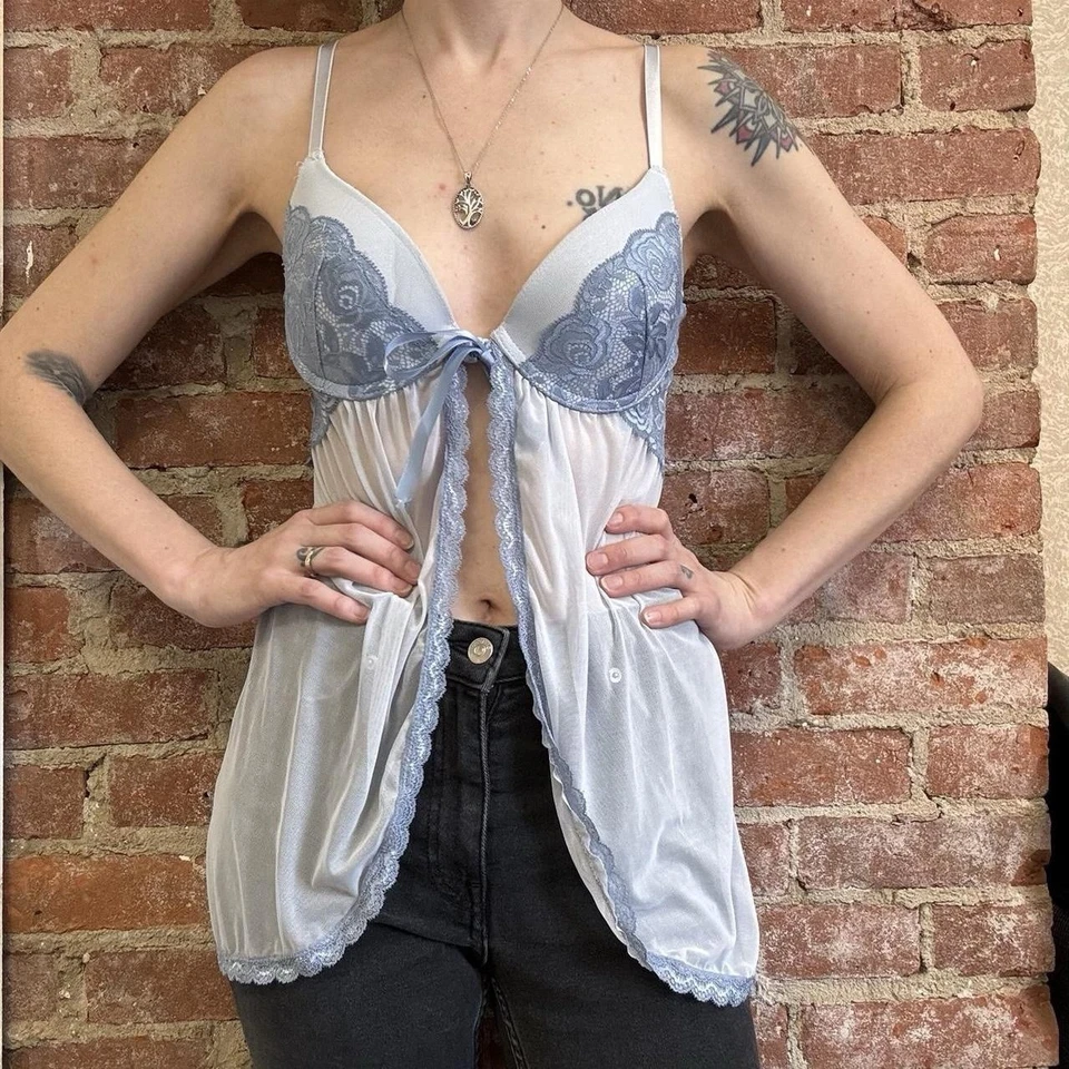 Top Lencería Babydoll Azul Encaje Transparente Por Jessica Simpson Talla M Coqueta Romance Foto 2 de 4