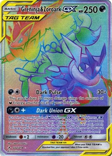 Heavily Played, English Pokemon Holo Greninja & Zoroark Tag Team GX - 222/214 - 