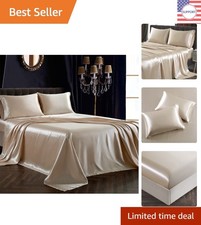 Luxurious 4-Piece Satin Sheet Set - Queen Size 15-Inch Deep Pocket in Beige