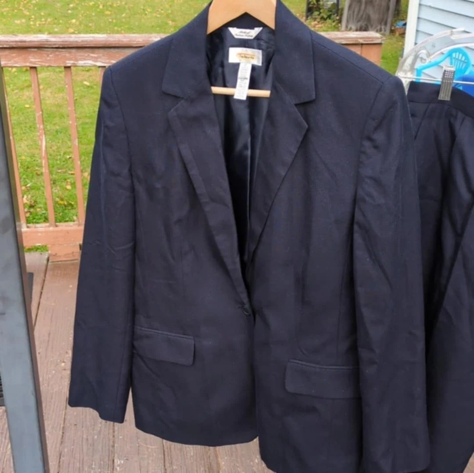 Vintage Talbots Navy Blue Pant Suit Mixed Sz 14 Pants 12 Jacket Office Linen Pro - Image 2 of 4