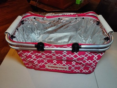 NEW Tupperware Collapsible Insulated Picnic Basket/Cooler Pink/White Pattern