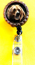 Animal Bear 3 Id badge holder retractable alligator clip