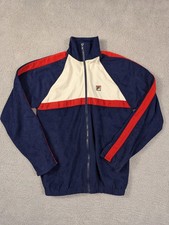 VTG Fila Jacket Mens Medium Blue Velour Full Zip Track Colorblock Retro Velvet