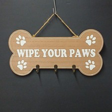 Dog Leash Holder "Wipe Your Paws" Home Pet Decor, 3 Metal Hooks