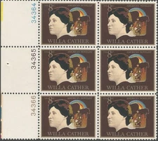 Plate Block of 6 stamps - Scott 1487 - 8 cent - Willa Cather - 1973 - MNH