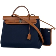 Hermes Ecole Bag Zip PM 2-Way Shoulder Bag Canvas Navy with Pouch #BS199