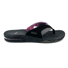 Womens 10 Reef Fanning Bottle Opener Sole Black Gray Flip Flops Thong Sandals