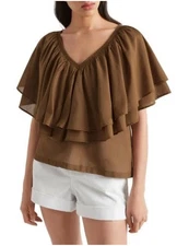 Seed Heritage Top Women 8 Brown Voile Flutter Blouse Cotton Blend NEW RRP $129