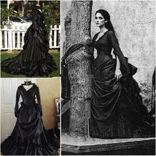 Black Bustle Gothic Wedding Dress V-Neck Long Sleeves Ruched Vintage Bridal Gown