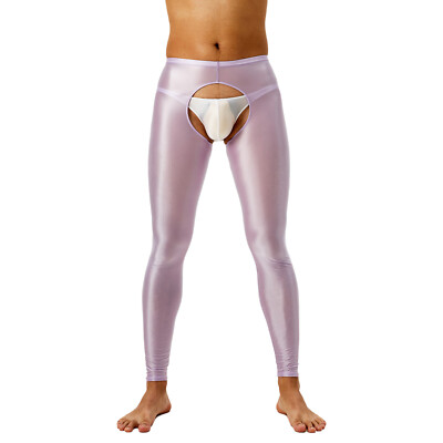 US YiZYiF Men Pantyhose Pants Shiny Open Crotch Tights Sheer Hot Pants Underwear