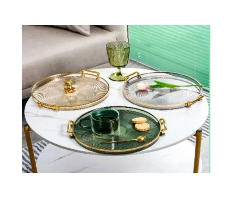 3pcs Acrylic Round Serving Tray With Handles Kitchen Fruit & Snack Serving Gold - Image 2 of 4