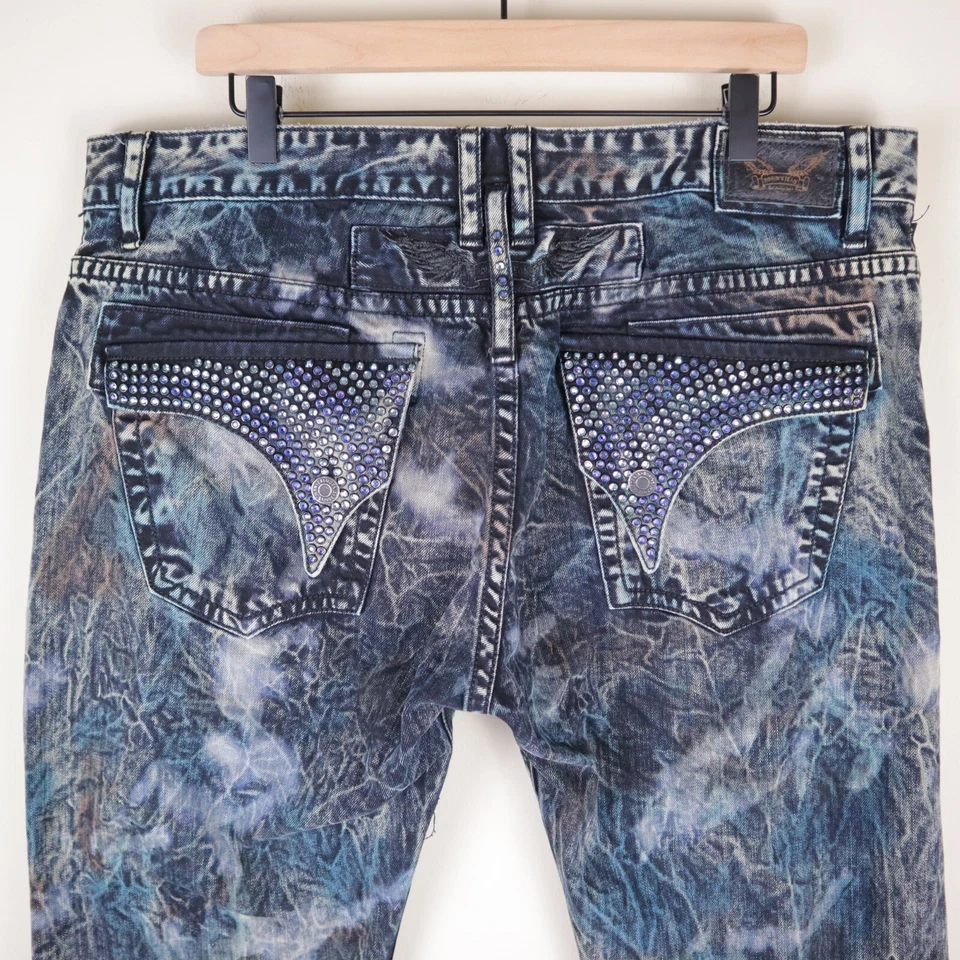 Robin's Jean Long Flap Crazy Wash Blue & Silver Size 40 Waist 39" Inseam 30" - Image 3 of 4