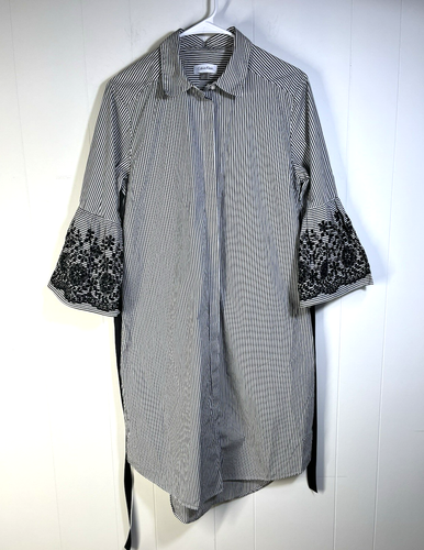 Calvin Klein Shirt Dress Size 6 Striped Embroidered Bell Sleeve Tie Waist Boho - Picture 3 of 11