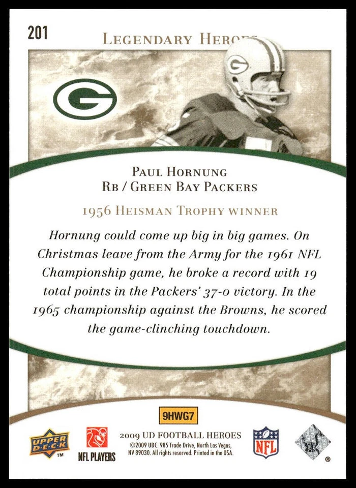 2009 Upper Deck Heroes #201 Paul Hornung Green Bay Packers - Image 2 of 2