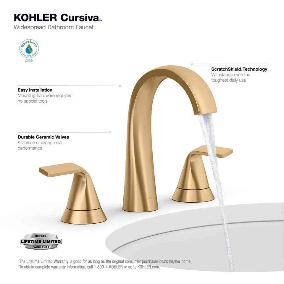 KOHLER Cursiva 8" Double Handle Bathroom Faucet in Vibrant Brushed Moderne Brass - Image 3 of 4