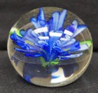 Hand Blown Clear With Blue Flower 3" Round Glass Paperweight  — photo 1