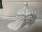 Vintage White Milk Glass Hobnail Fenton Lidded Shoe/Boot