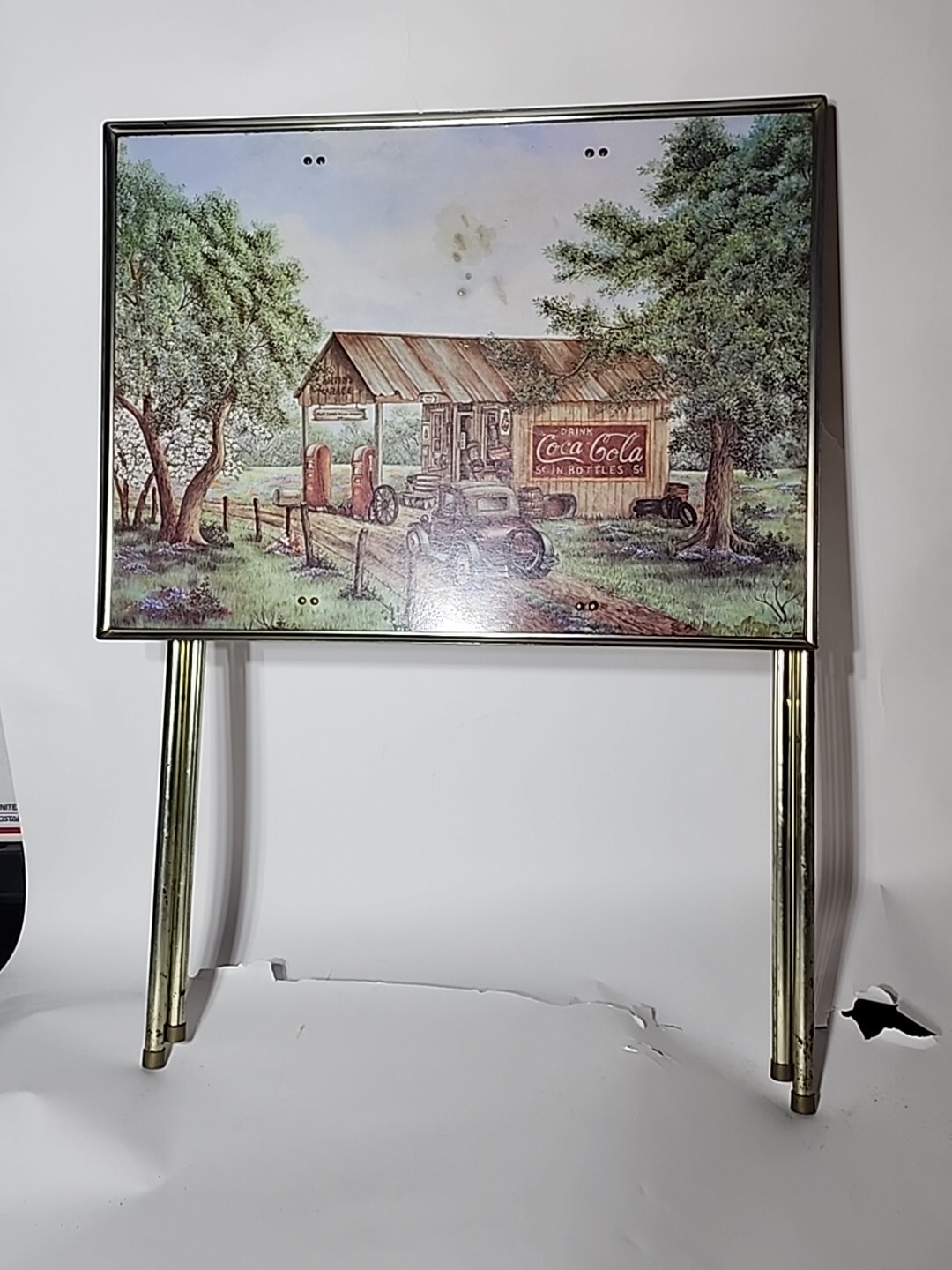 Set of 4 Vintage MCM 60s Coca Cola TV Trays & Stand Mike’s Garage Gold