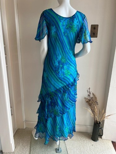 Phool Size 16 MaxiMidi Dress Chiffon Tiered Layered Vintage Stretch Blue Green - Picture 5 of 8