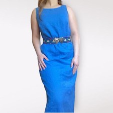 Casual Corner Blue Linen Maxi Dress Size 6 Vintage Classic Coastal Boho Minimal