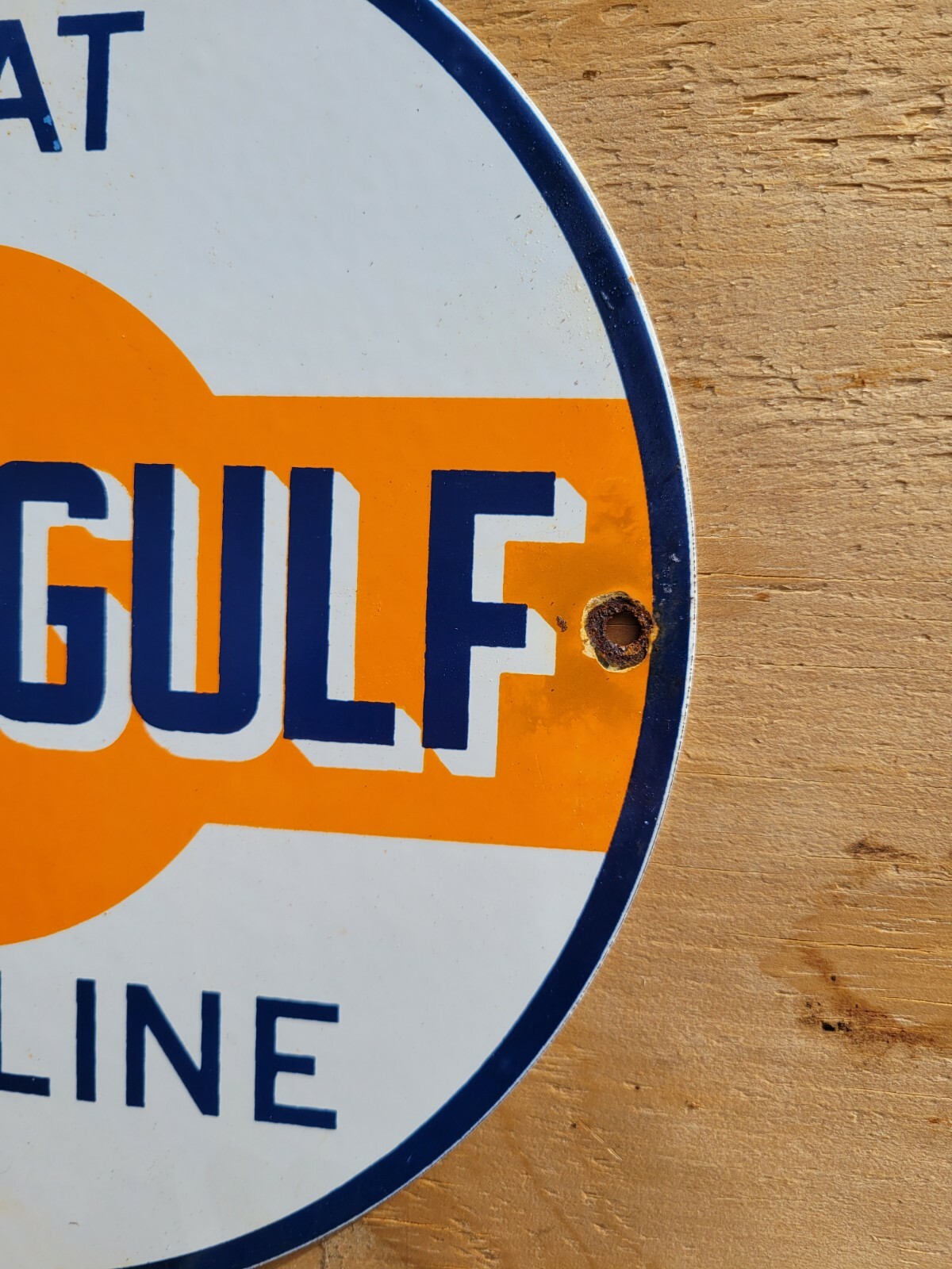 VINTAGE GOOD GULF PORCELAIN SIGN OLD GASOLINE GAS PUMP PLATE MOTOR OIL ...