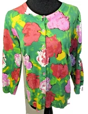Grace Elements Green Artistic Roses Tight Weave Cardigan Sweater Size L Women's