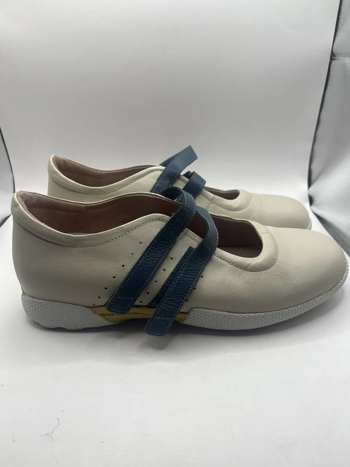 Damas Cuero Crema Kumfs Azul Doble Correa Gancho y Ojo Cierre Talla 8 Ballet Foto 2 de 4