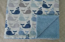 Whale Print Baby Blanket White Blue Gray Sherpa Sea Life Lovey