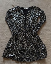 Michael Kors Womens V Neck Mini Dress Silk Blend Black Silver Metallic Sz Xs