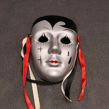 Venetian Mask Silver Jester Clown Face Carnival Party Wall Decor Ribbon